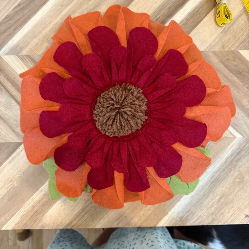 Boho Handmade Felt Flower Decorative Pillow Round‎ Orange Red Accent Cottagecore